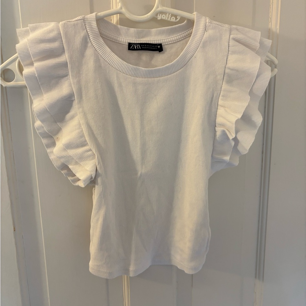 Zara White Short Sleeve Tee with Ruffle Detail